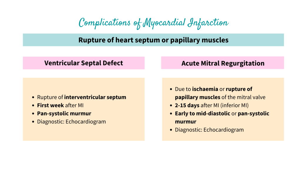 Complications of Myocardial Infarction - Rupture of heart septum or papillary muscles, Ventricular Septal Defect (VSD) and Acute Mitral Regurgitation