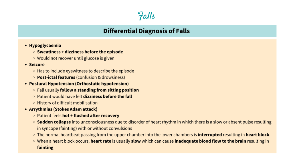 Differential Diagnosis of Falls - Hypoglycaemia, Seizure, Postural Hypotension (Orthostatic Hypotension) and Arrythmias (Stokes Adam Attack)